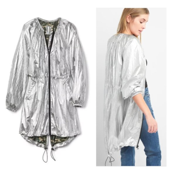 NWT GAP Women Size M, Metallic Parachute Lightweight Parka, Silver - Picture 2 of 11
